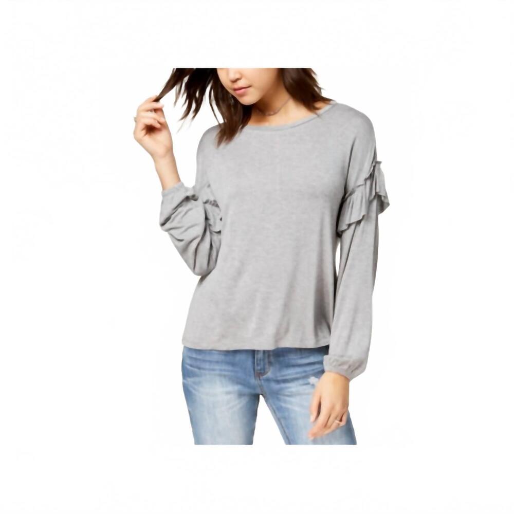NEW ULTRA FLIRT ruffled sleeve pullover top in medium heather gray